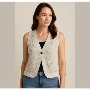 COLDWATER Creek Lagenlook Taupe Beige Linen Cotton Crochet Vest Sz 10 Clueless